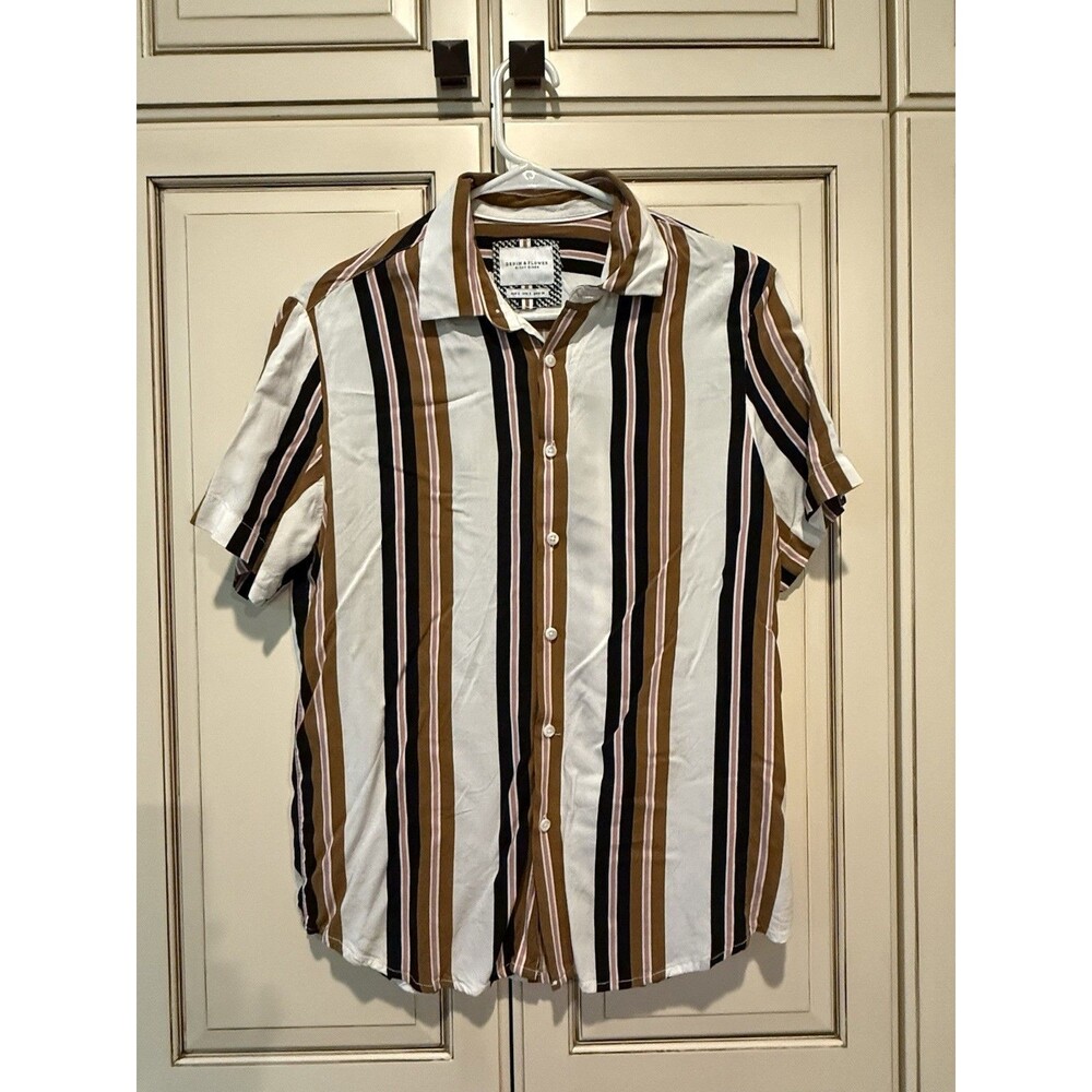 Denim & Flower Men’s Casual Button -Down Stripes Cream, Black, Tan, Pink Sz S